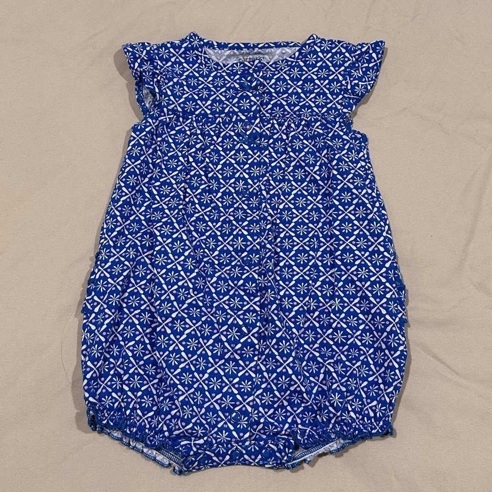 Blue and White Patterned Baby Romper